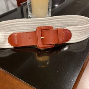 Talbots belt, leather 3”X2.5” buckle, creamy white stretch fabric, 36” long, M